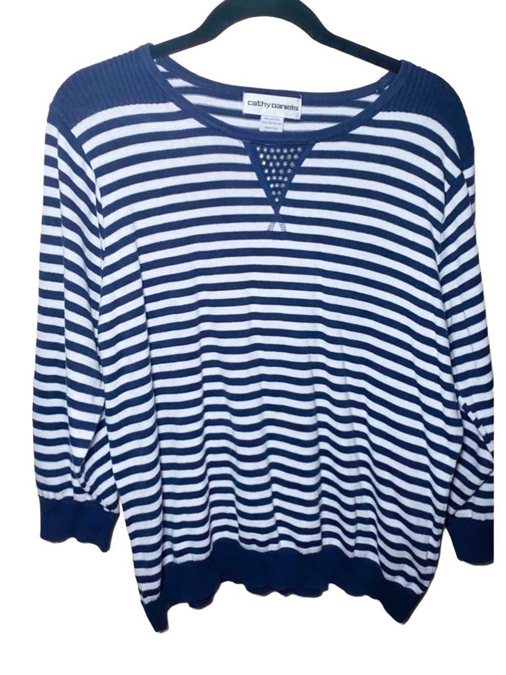 Cathy Daniels Women's Sweater XL Navy White Stripe 3/4 Sleeve Heritage Preppy